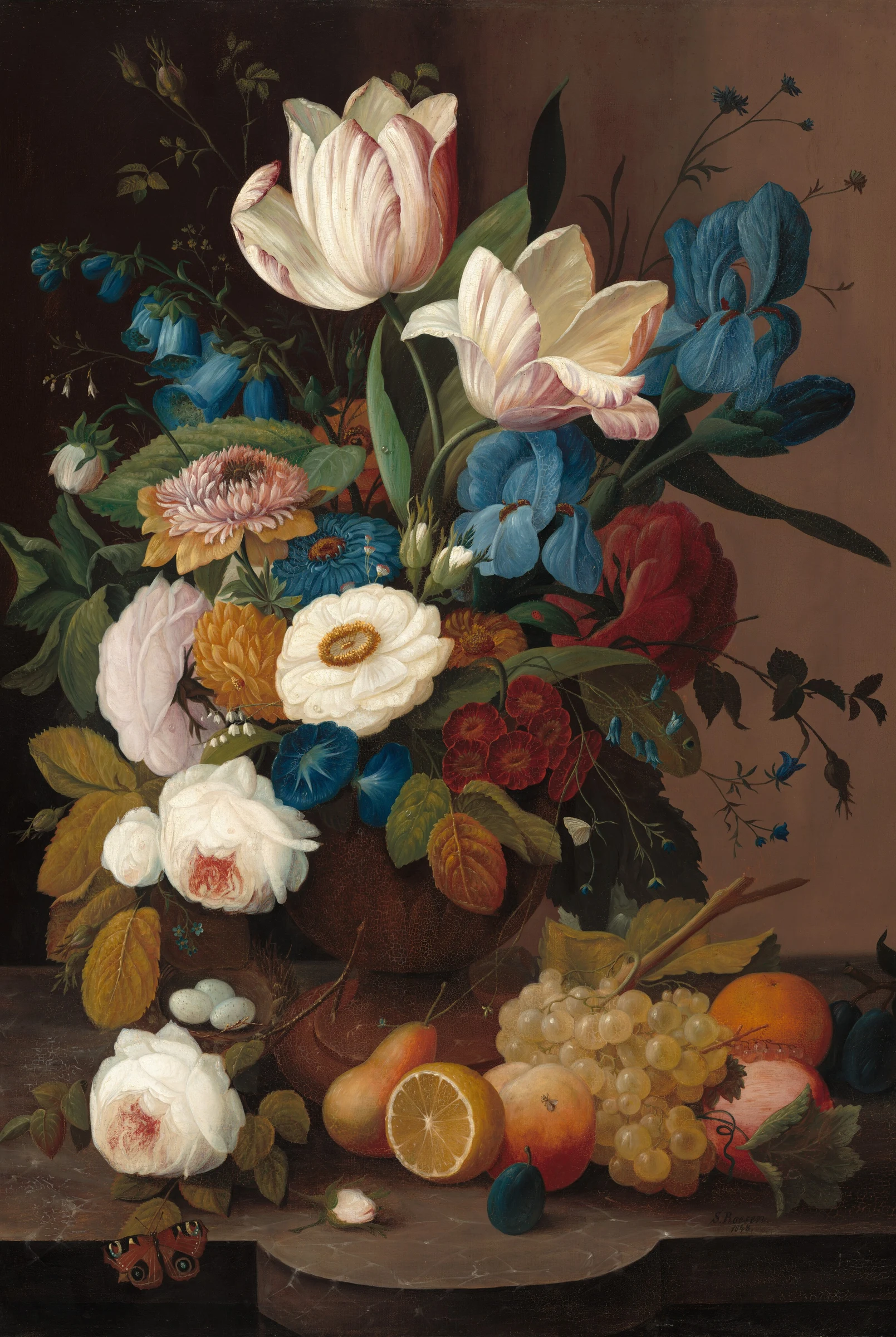 Stilleven met bloemen en fruit