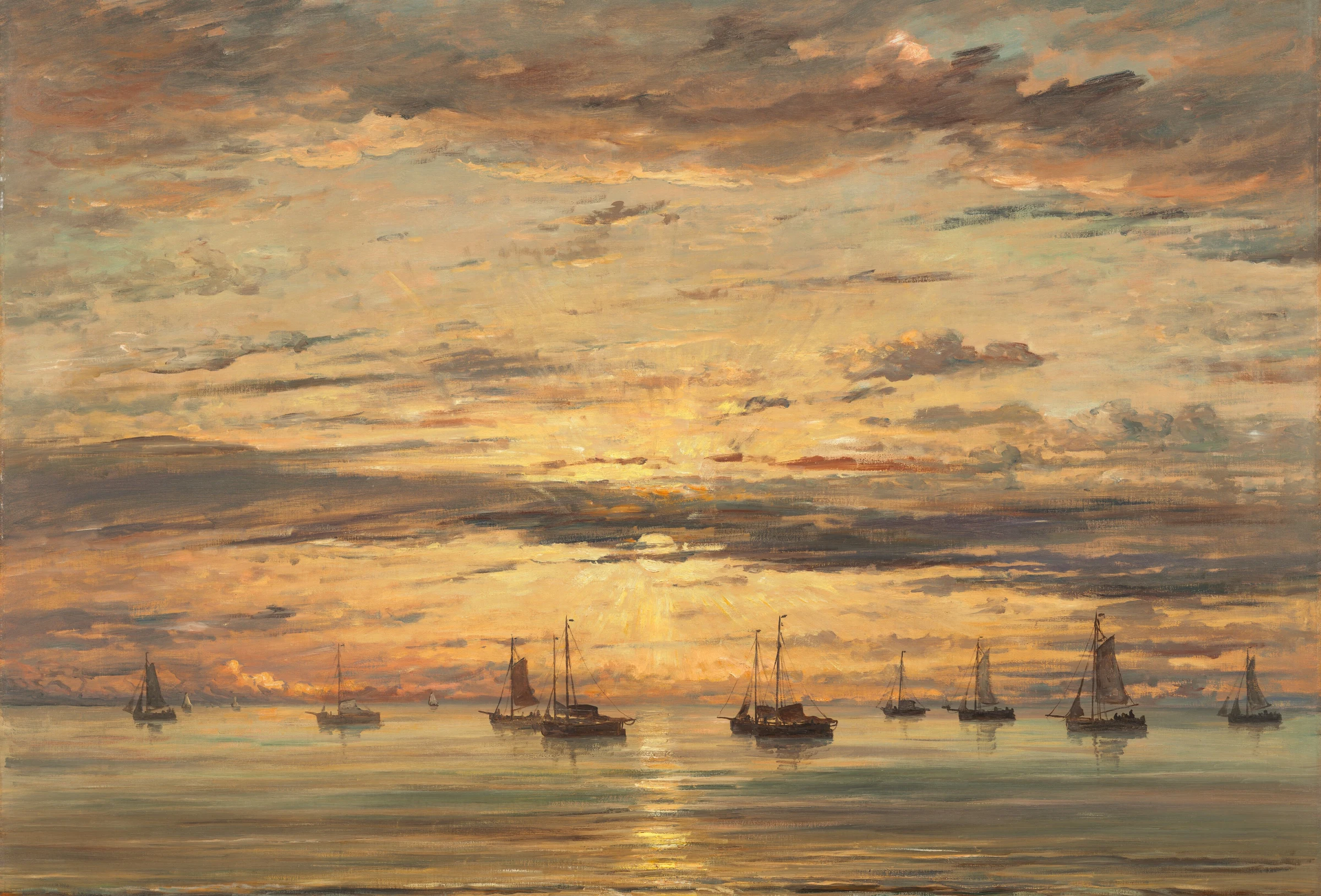 Zonsondergang bij Scheveningen: Een Vloot van Vissersschepen voor Anker